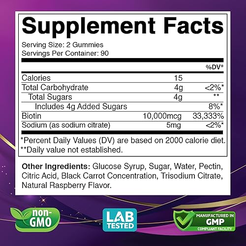 Miniatura 2 de Gomitas de biotina de 10000 mcg para el crecimiento saludable del cabello, la piel y las uñas, vitaminas para mujeres, hombres y niños, vegano, sin