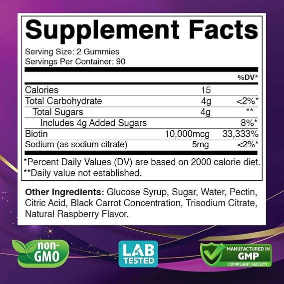 Vitabod Biotin Gummies 10,000 mcg 180 Vegan Gummies Hair, Skin & Nails Support for Women, Men & Kids Non-GMO, Gluten-Free, Delicious Flavor