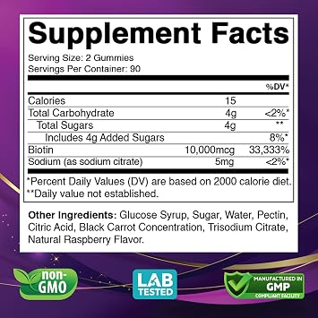 Vitabod Biotin Gummies 10,000 mcg 180 Vegan Gummies Hair, Skin & Nails Support for Women, Men & Kids Non-GMO, Gluten-Free, Delicious Flavor