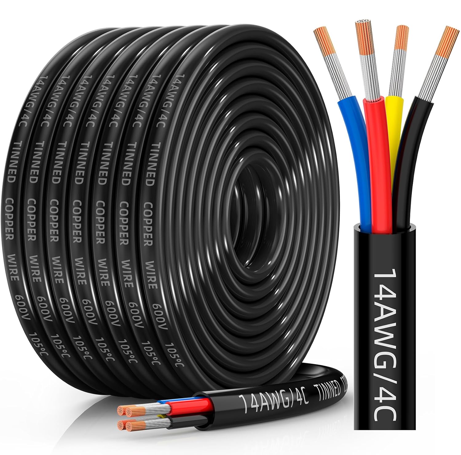 14 Gauge Wire 4 Conductor Electrical Wire, 14 AWG Tinned Copper Stranded PVC Cable, IP68 Waterproof/Flexible/Low Voltage Cord for Automotive, RV, Marine, Solar, LED Lighting(30FT)
