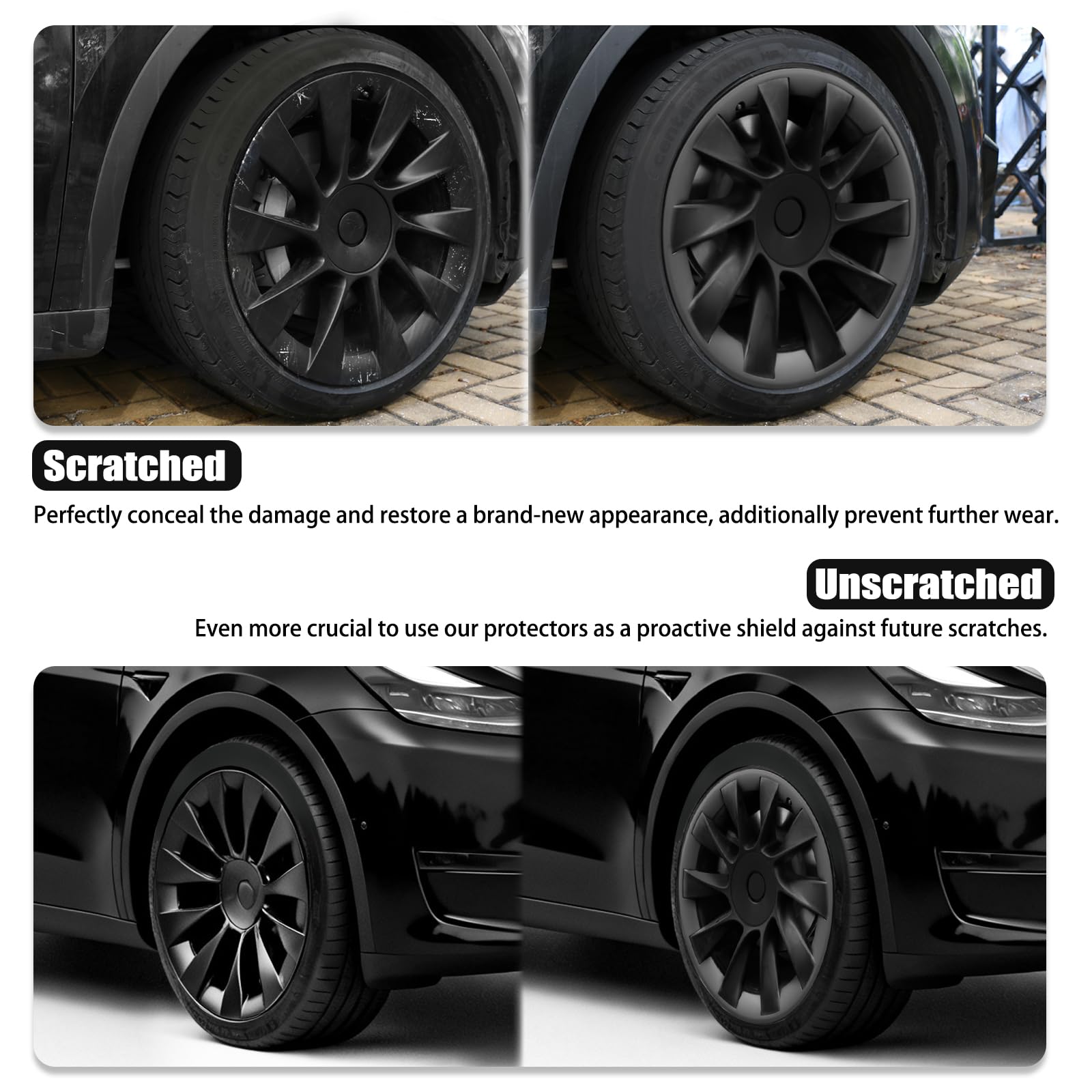 Copricerchi protettivi per Tesla Model Y 20 pollici (2020-2024), facili da installare, anelli di rivestimento resistenti ai graffi, design elegante per ruote a induzione, nero opaco, 4 pezzi accessori