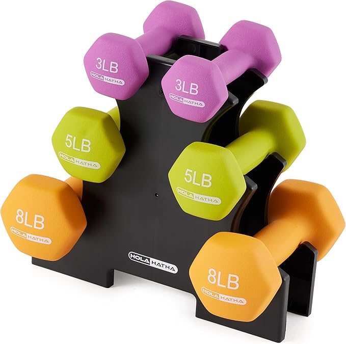 HolaHatha 2, 3, 5, 8, and 10 Pound Neoprene Dumbbell Free Hand Weight Set with Rack, Ideal for Home Exercises to Gain Tone and Definition, Pastel