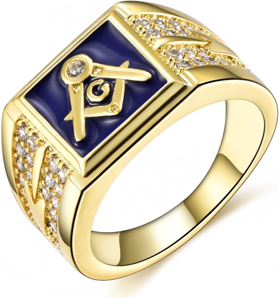 Men's 18K Gold I.P. Crystal Masonic Blue Lodge Freemason Rings Sz 8-15