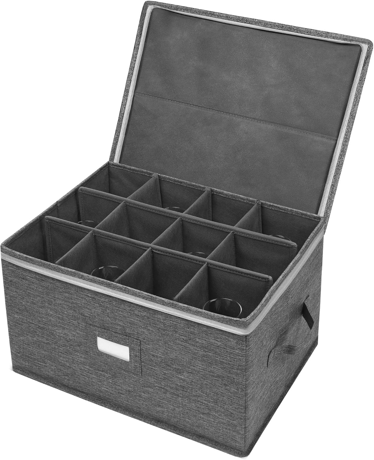 Storage Case with 12 Compartments, Gray Fabric Box with Lid and Handles