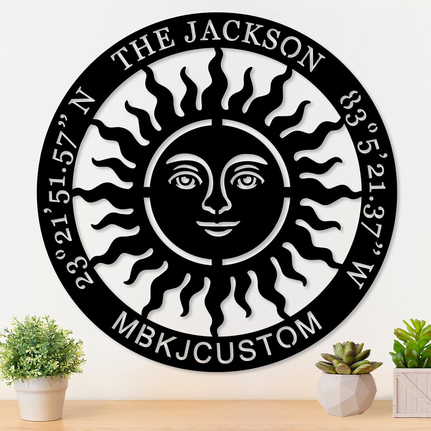 Generic Sun Wall Plaque Home Garden Decor, Sun Face Signs with Family Last Name and Latitude Longitude, Tribal Sun Metal Sign, Custom Metal Name Sign Outdoor, Housewarming Gifts, black