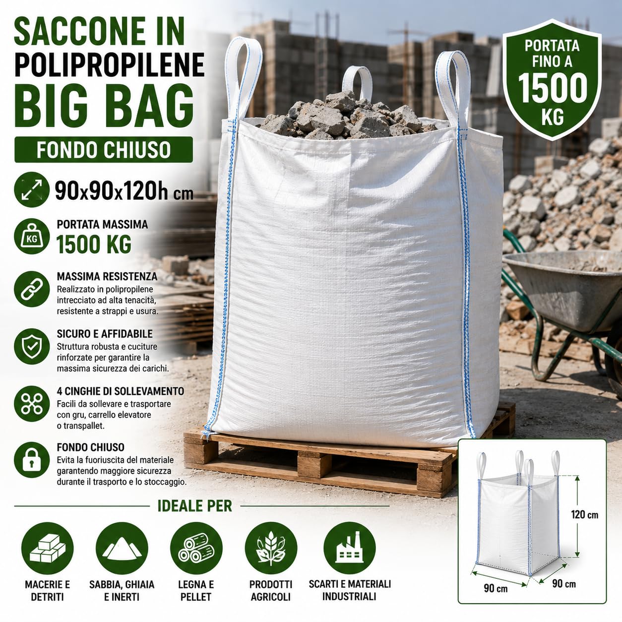 Bolsa Big Bag de polipropileno con fondo cerrado, 90 x 90 x 120 cm, capacidad para 1500 kg, saco industrial para escombros, arena, madera, pellets, materiales de construcción LEMAG SRL