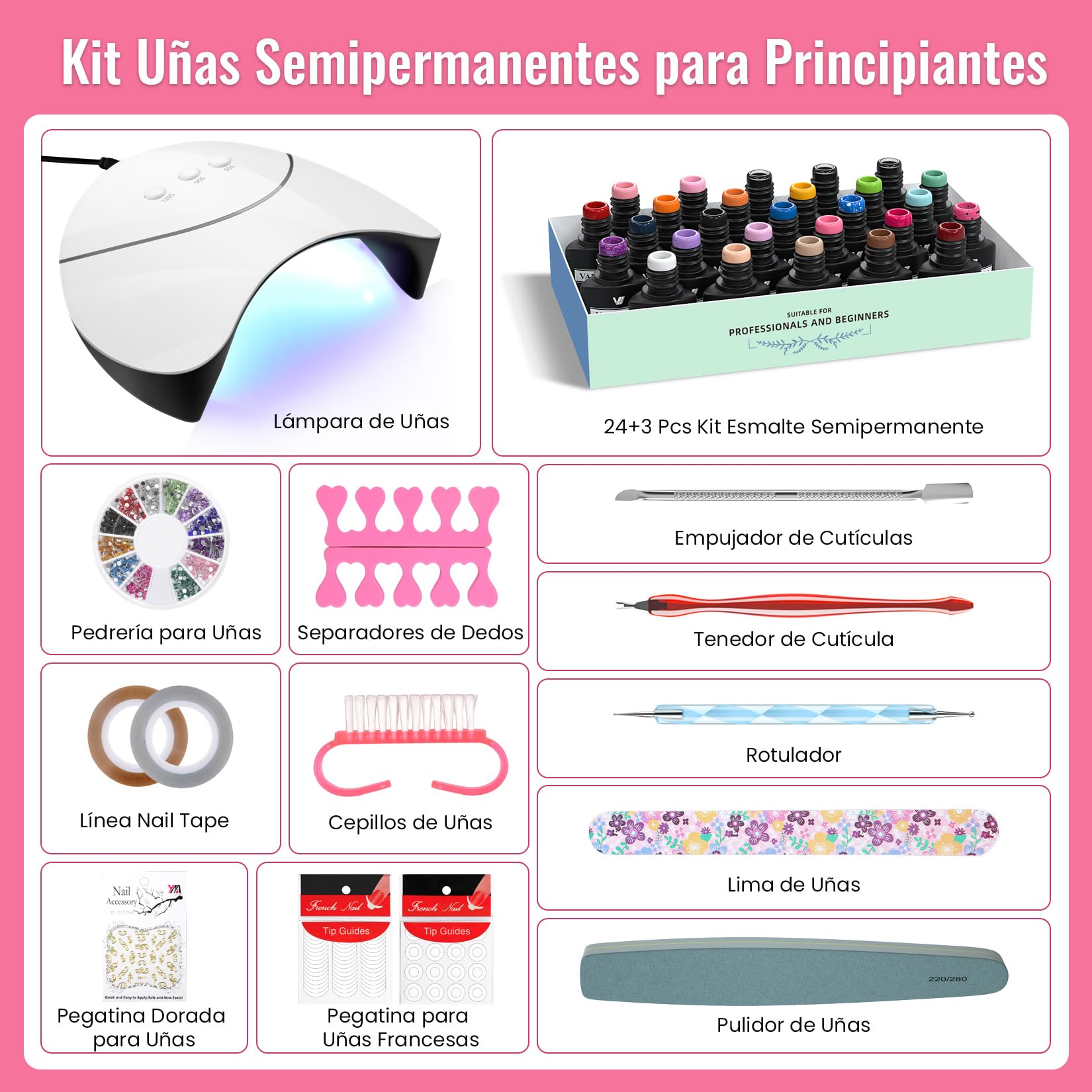 VANREESA Uñas Semipermanentes Kit Completo y Lámpara U V 24 Colores Kit Uñas Semipermanentes con Base Top Mate Top Coat Kit Manicura Semipermanente para Principiante