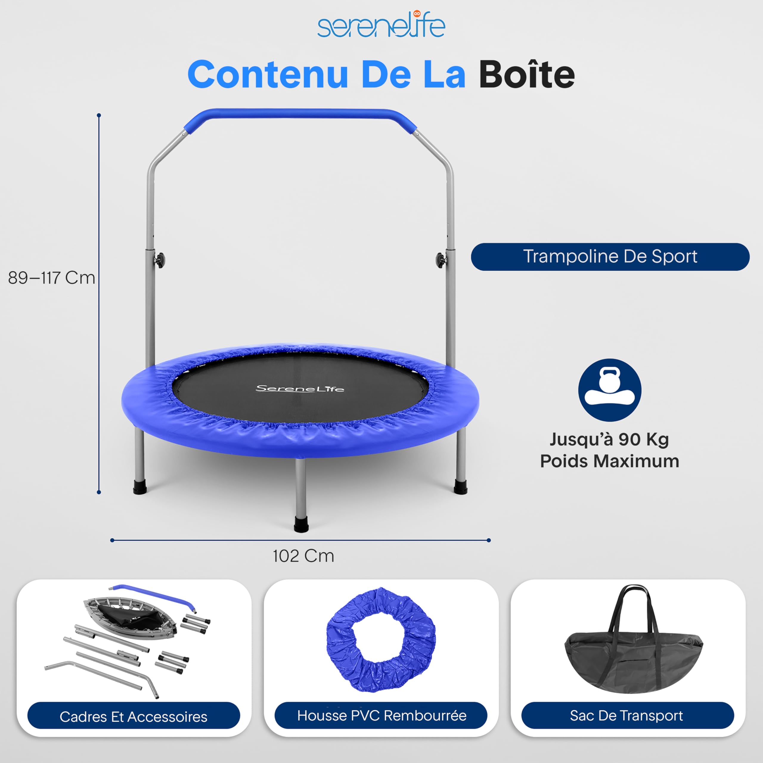 SereneLife Trampoline Pliable 102 cm – Mini Trampoline de Fitness Compact pour Enfants et Adultes, Rebondisseur d’Exercice, Équipement d’Entraînement Intérieur/Jardin, Design sans Ressort, Max. 90 kg