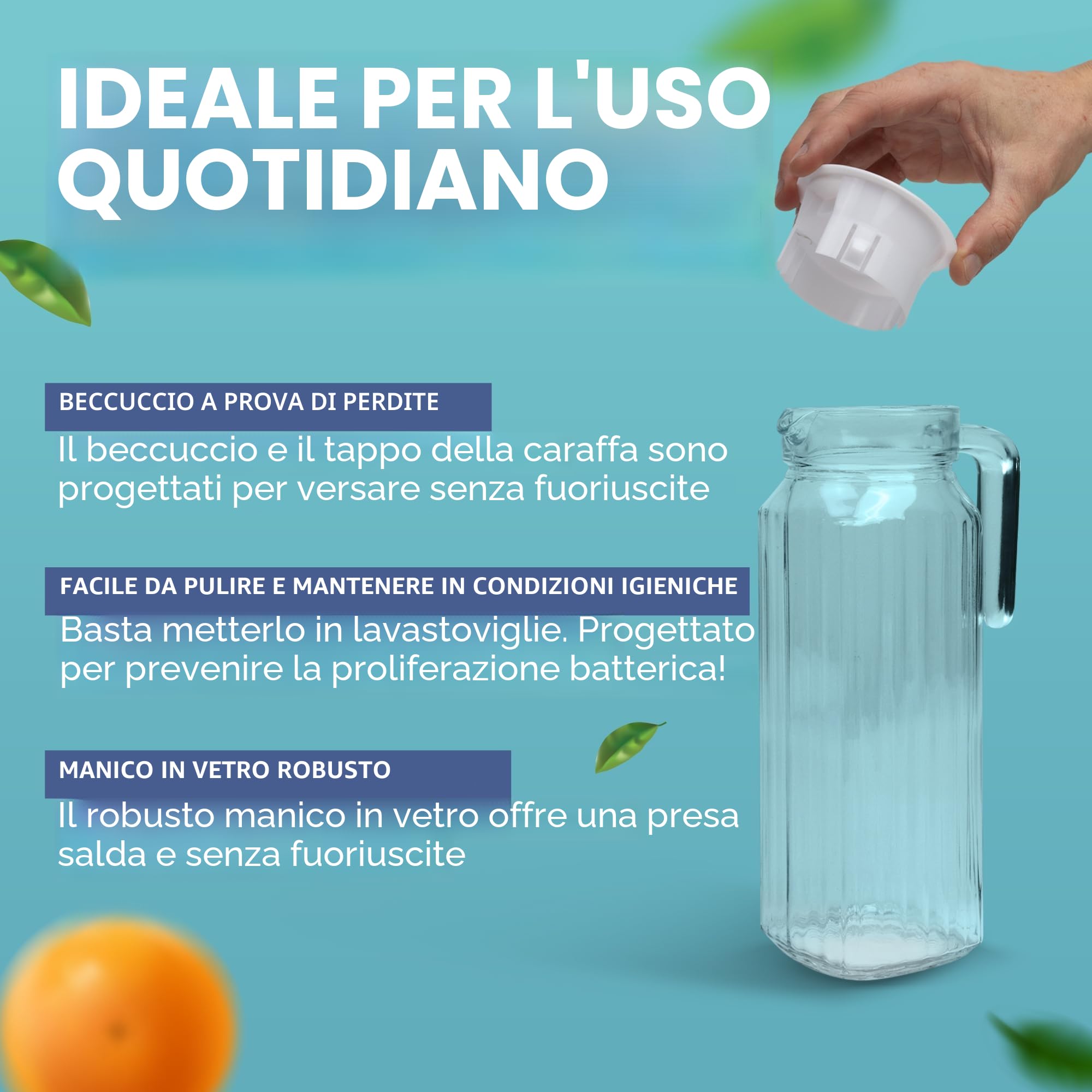 HEFTMAN Brocca per acqua in vetro per frigorifero, confezione da 2 (1 litro) brocche con coperchio a coste, beccuccio antigoccia, coperchio ventilato, per tè caldo/freddo, caffè, latte e succo, brocca