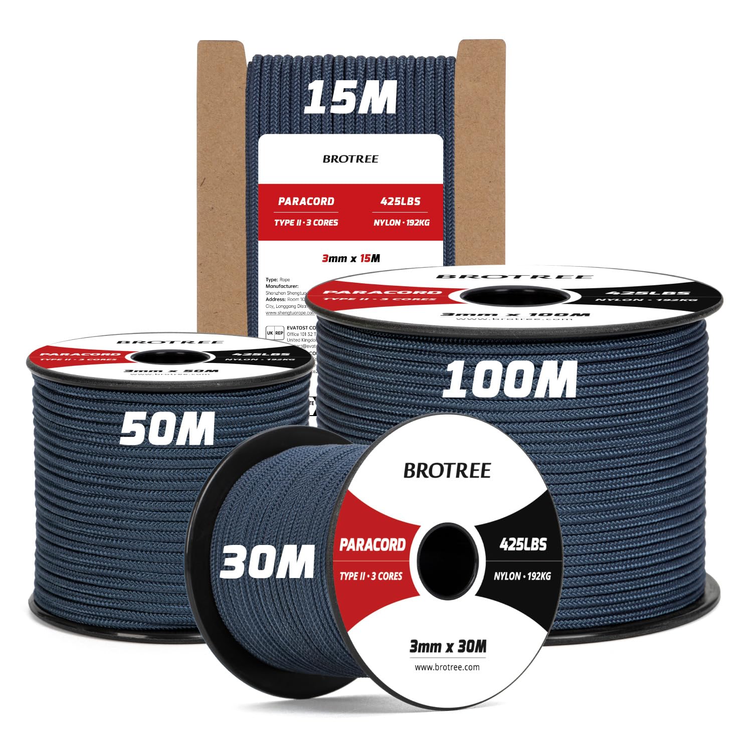 Brotree 3mm Paracord 425 100% Nylon 15M Rope 3 Strands Type II Parachute Cord for Outdoor, Craft, DIY - 192kg Breaking Load (Navy Blue)