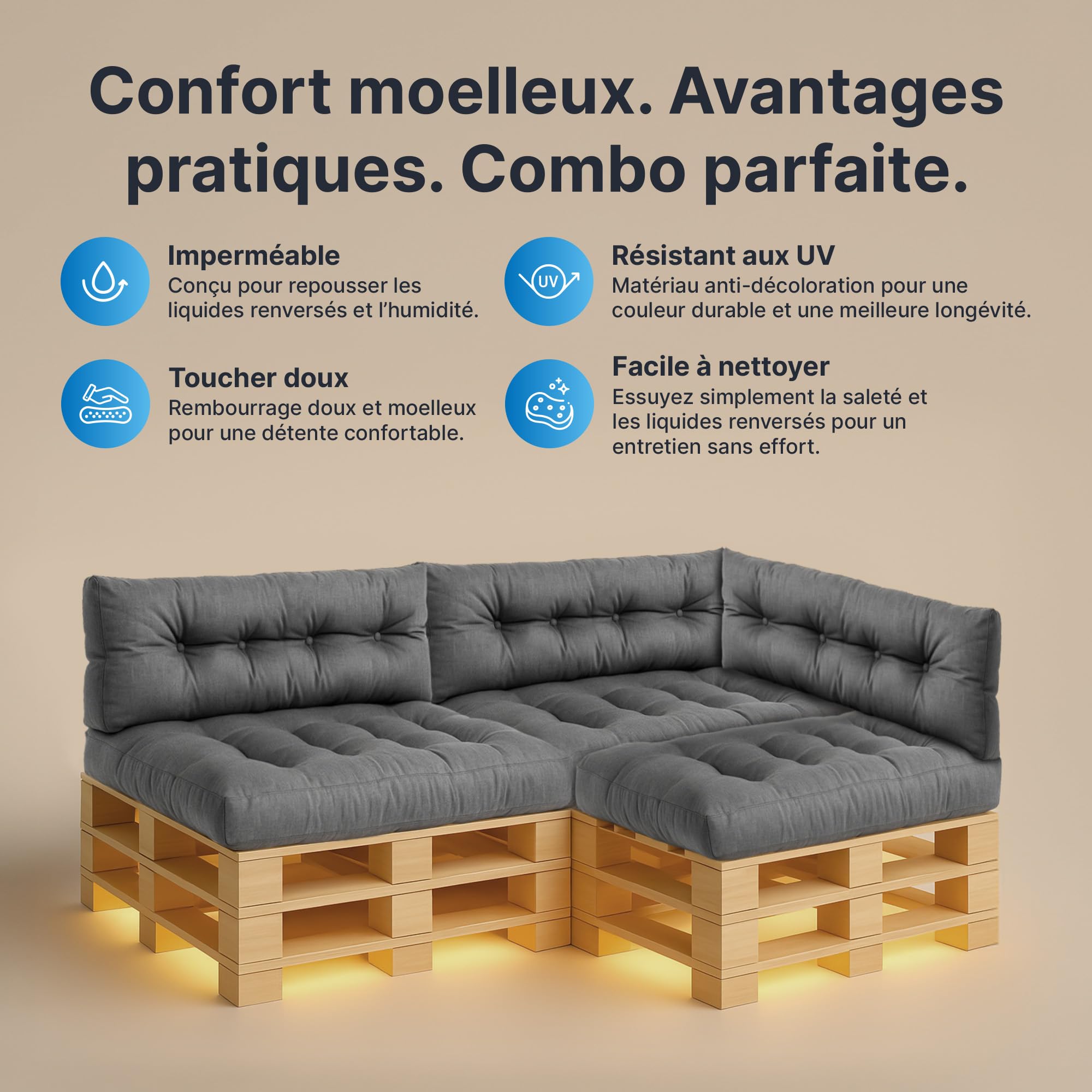MKS Coussin Palette Lot de 6 (3 x 120x80 cm + 3 x 120x40 cm) | Coussin pour Palette Exterieur Impermeable avec Sangles | Matelas Palette Confortable pour canapé Balcon Jardin