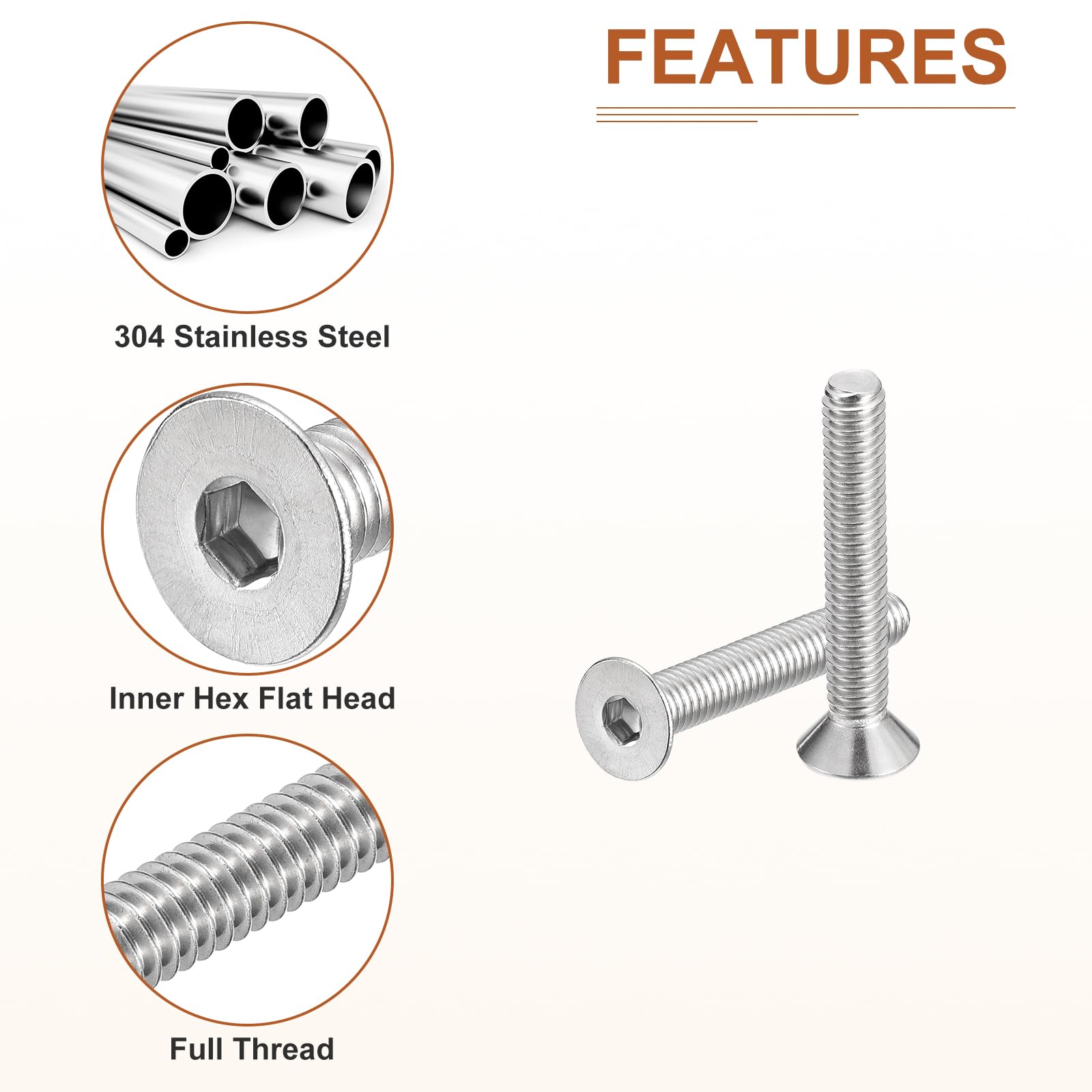 DTGN 5/16-18 x 2" Flat Head Socket Cap Screws, 10 Pack 304 Stainless Steel Hex Socket Flat Head Screws, Full Thread, Countersunk Bolts - Image 4