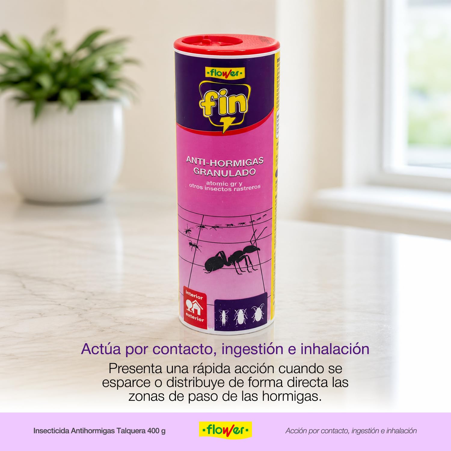 Flower - Insecticida Antihormigas Talquera 400 g | Antihormigas Granulado | Gran Eficacia | Control de Hormigas e Insectos Rastreros | Interior y Exterior | Fácil Aplicación | Listo para Usar