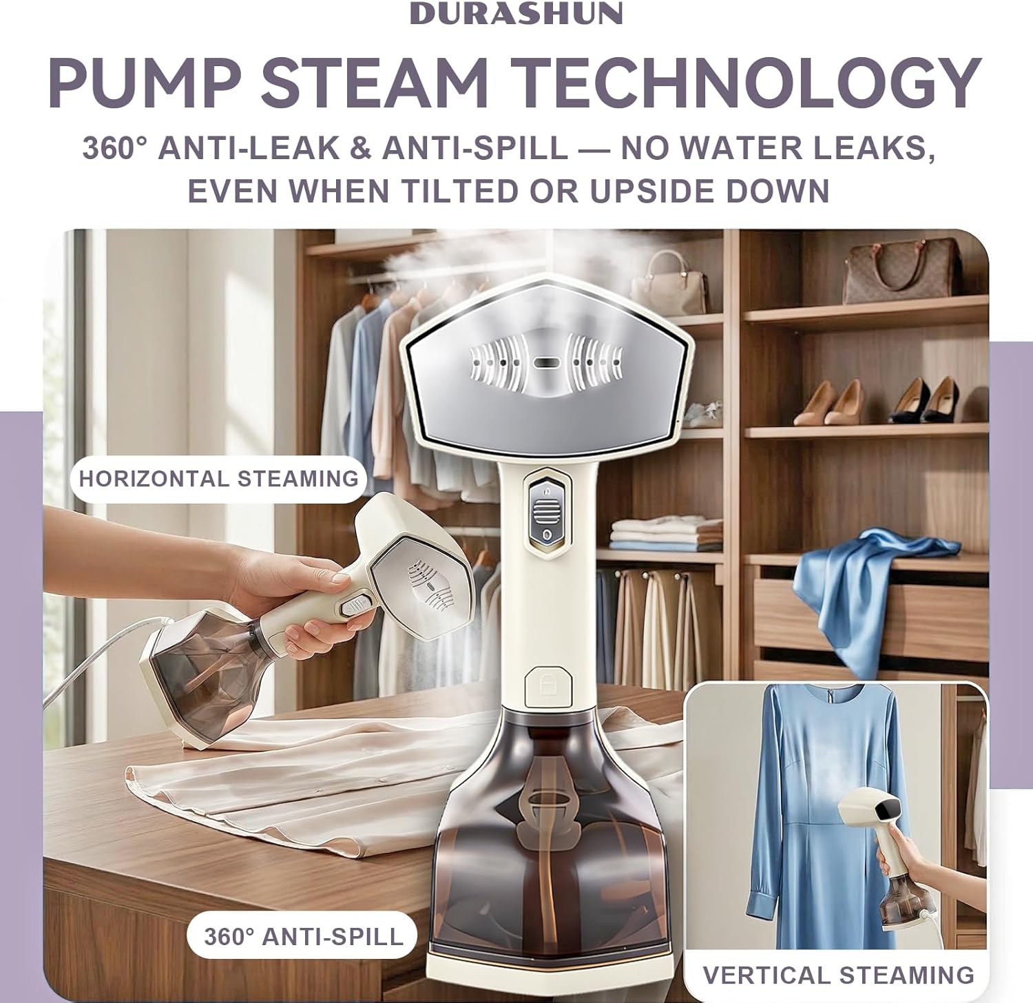 Handheld Garment Steamer, 2-in-1 Wet Dry Steam Iron, 1400W Fast Heating, 15s Preheat, 3-Speed Steam, 350ML Removable Tank, for All Fabrics & Multi-Scenario Use (Beige)