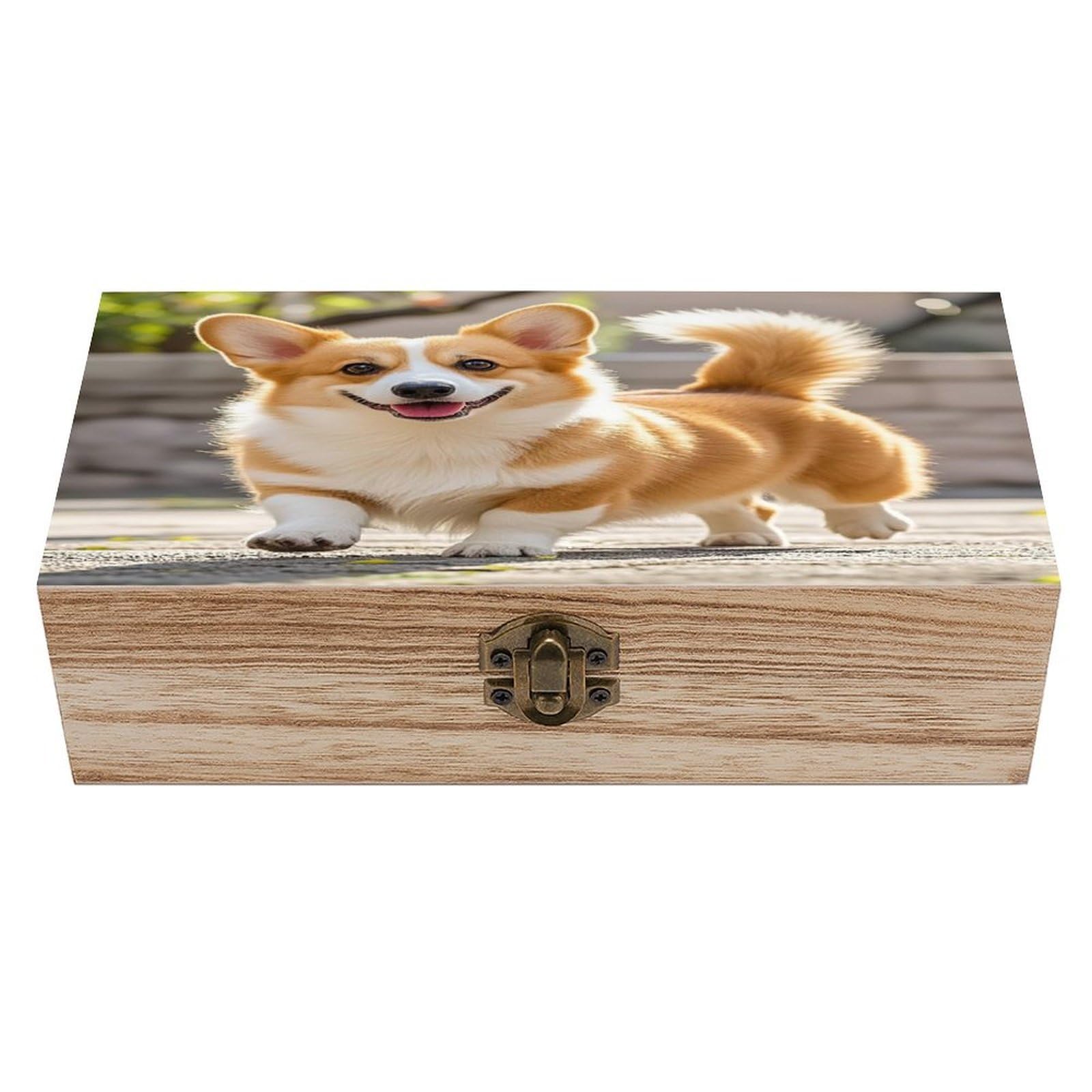 FekiLoot Playful Corgi Wooden Storage Box Exquisite Wood Keepsake Box Vintage Wooden Gift Jewelry Case for Crafts And Photo Storage Boxes