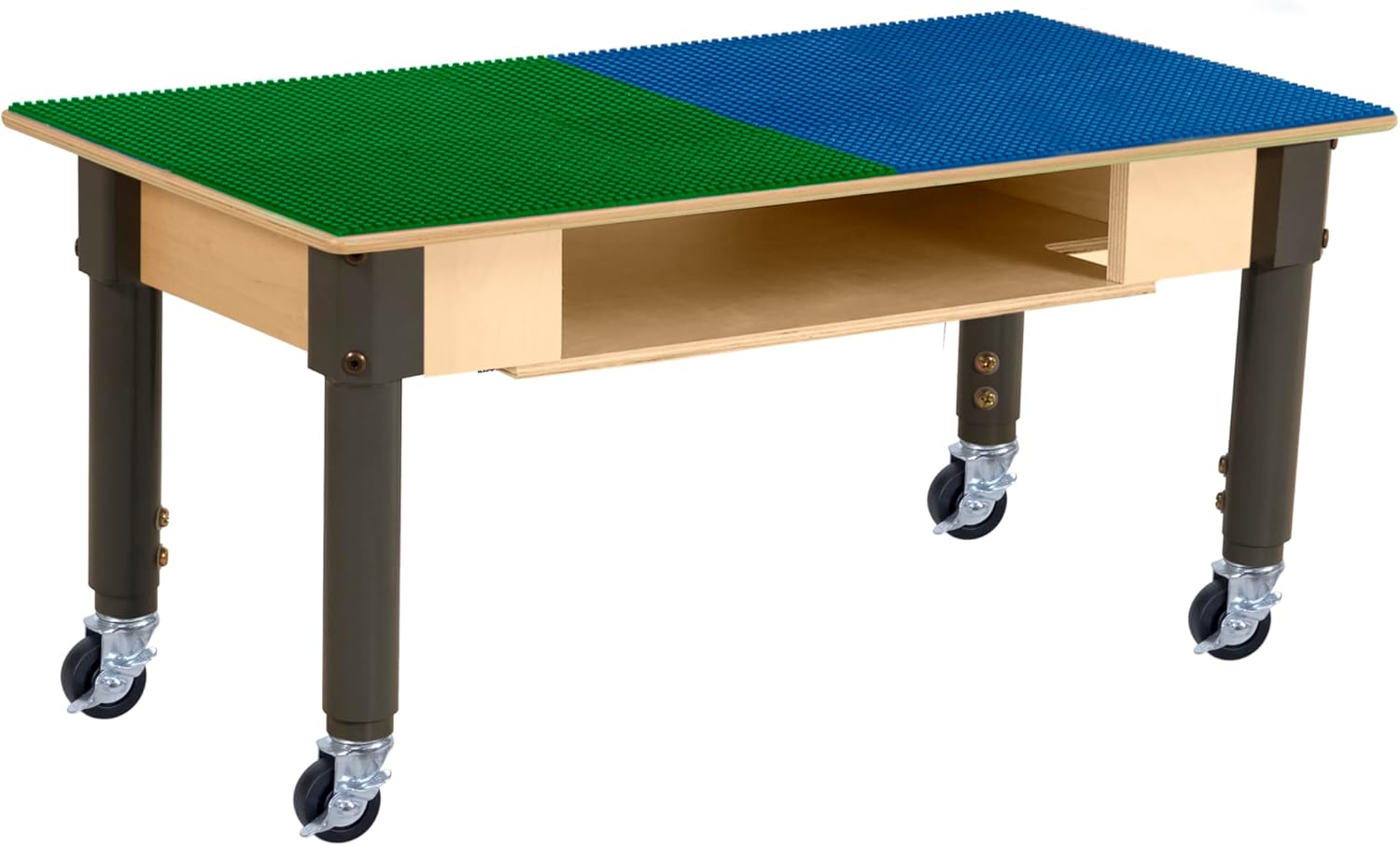 Time-2-Play 30.75"x15.5" Rectangular School Activity Table, Blue & Green Lego compatible Play Table with Built-in Storage N Wheels for Kids, 12”-17” Adjustable Legs [Rolling Casters Included]