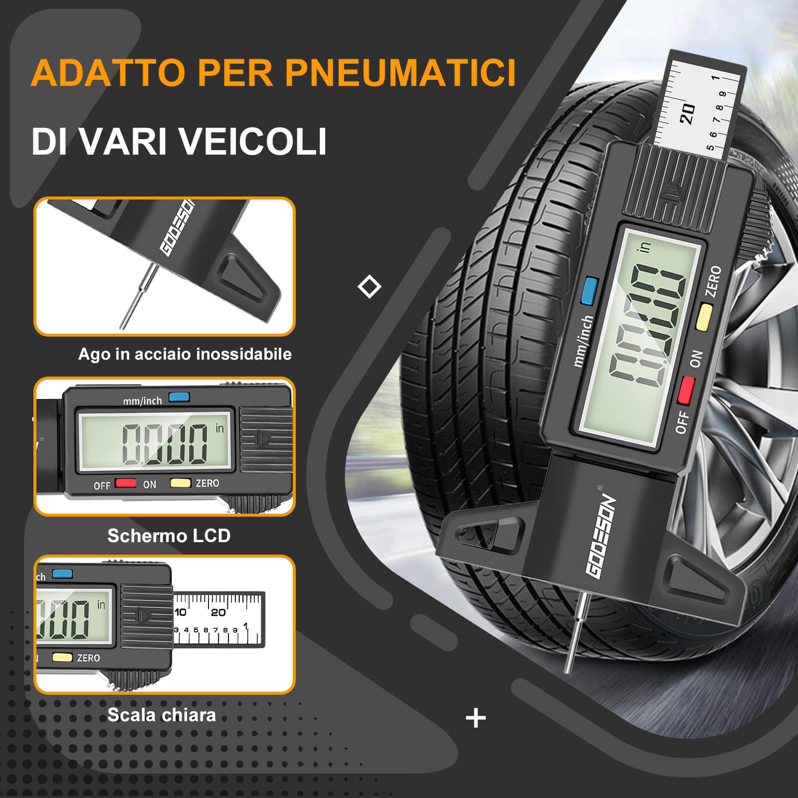 GODESON Digitale Misuratore Profondità Battistrada, Misuratore di Calibro Pneumatico con ampio display LCD per moto, auto, camion in inch/mm