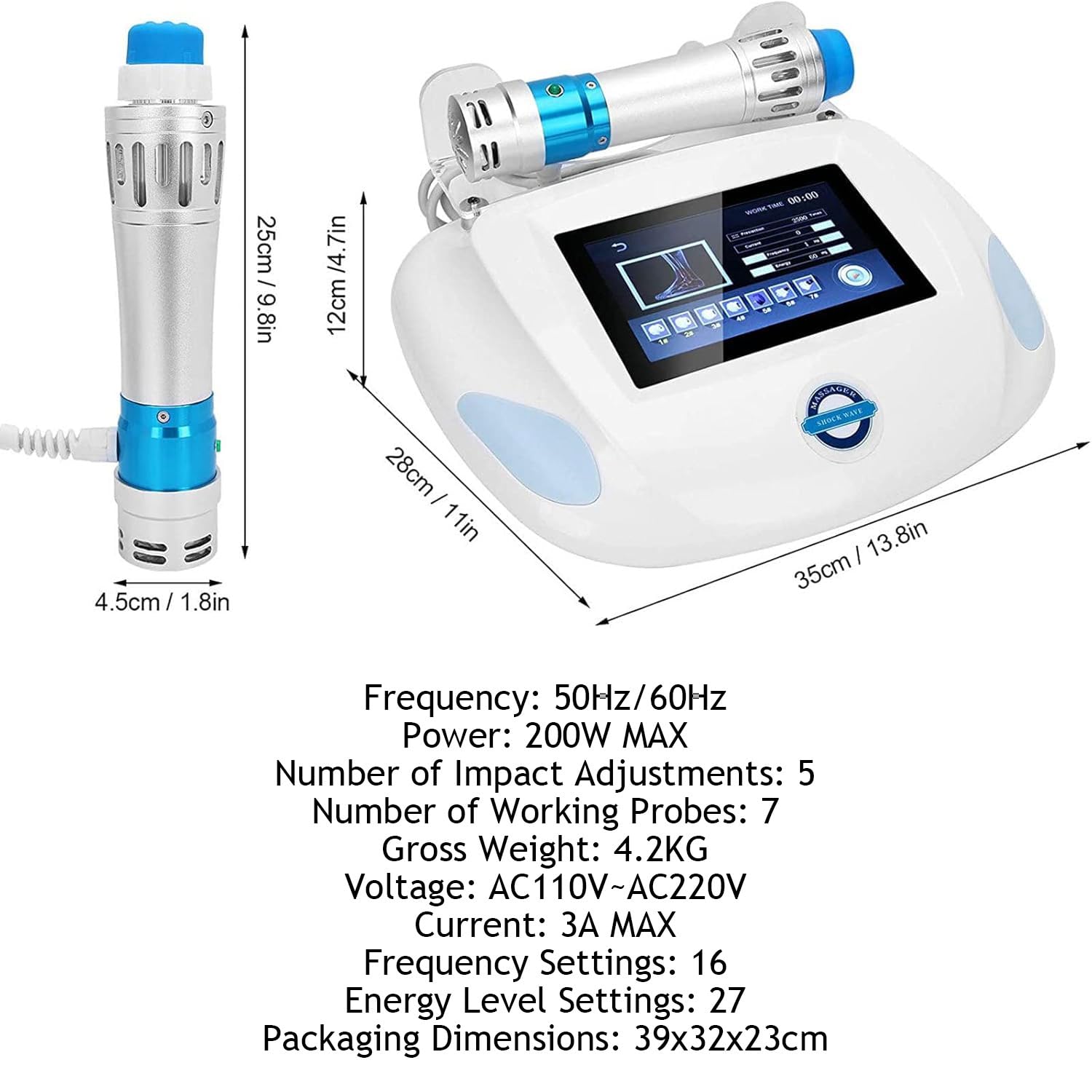 Dispositivo per Terapia Ad Onde D’Urto, Macchina ED 200W con 7 Teste Massaggianti, Regolazione a 27 Livelli, per Recupero Muscolare E Alleviamento del Dolore