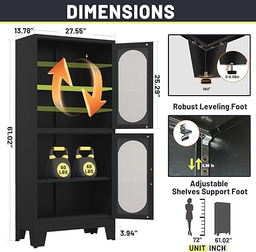 Miniatura 2 de Gabinete de almacenamiento de despensa negro de 61 pulgadas, armario de despensa de cocina con puertas y estantes de vidrio acrílico, con pie de