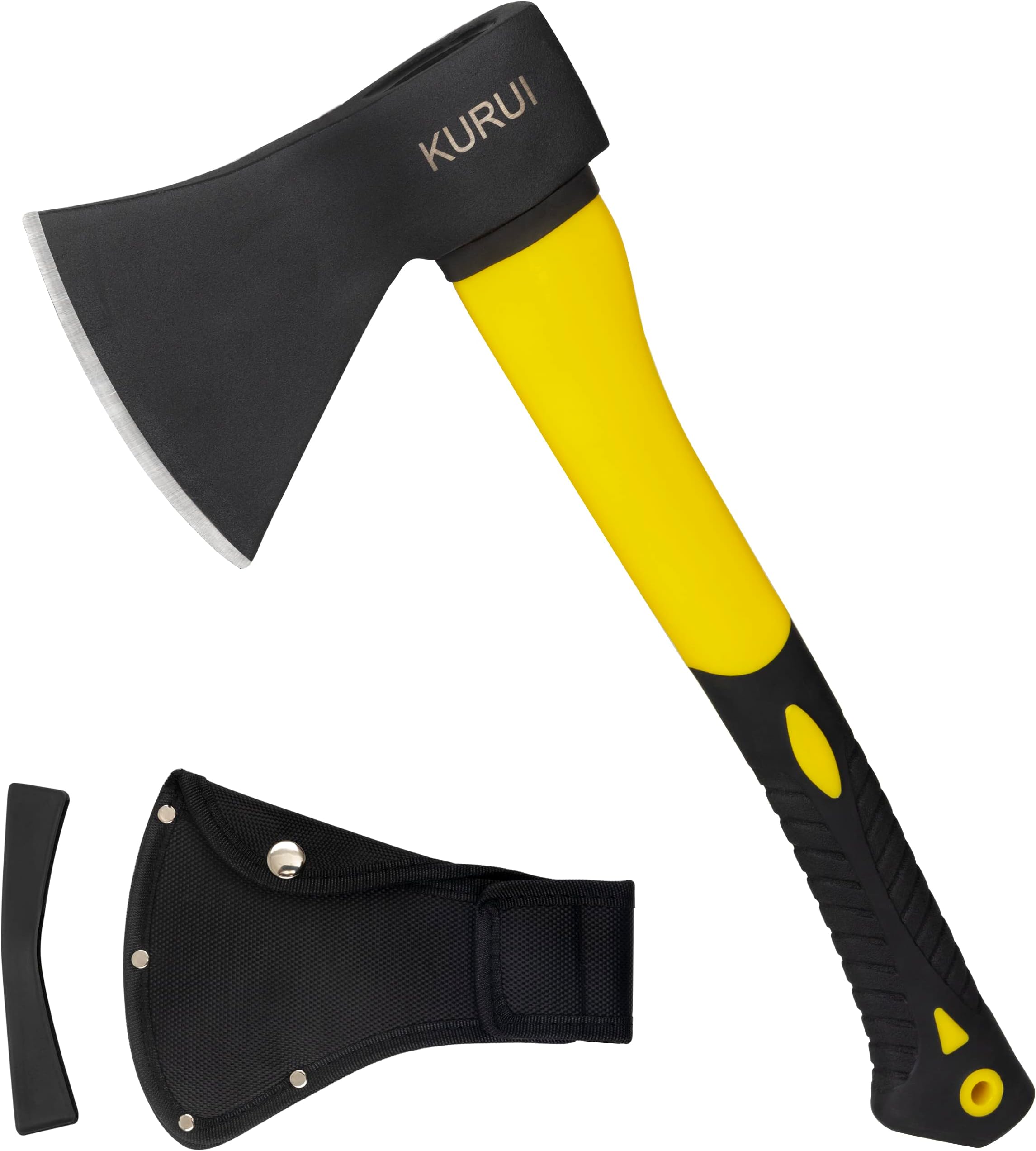 KURUI Wood Chopping Axe with Sheath, 15” Outdoor Camping Hatchet for Cutting and Kindling, Camp Splitting Axe with Fiber Glass Shock-Absorbent Anti-Slip Handle