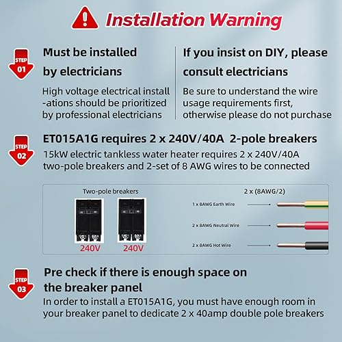 Miniatura 2 de FOGATTI Calentador de agua eléctrico sin tanque, calentador de agua caliente de 15 kW 240 voltios, función de autoajuste, agua caliente de 2 a 3