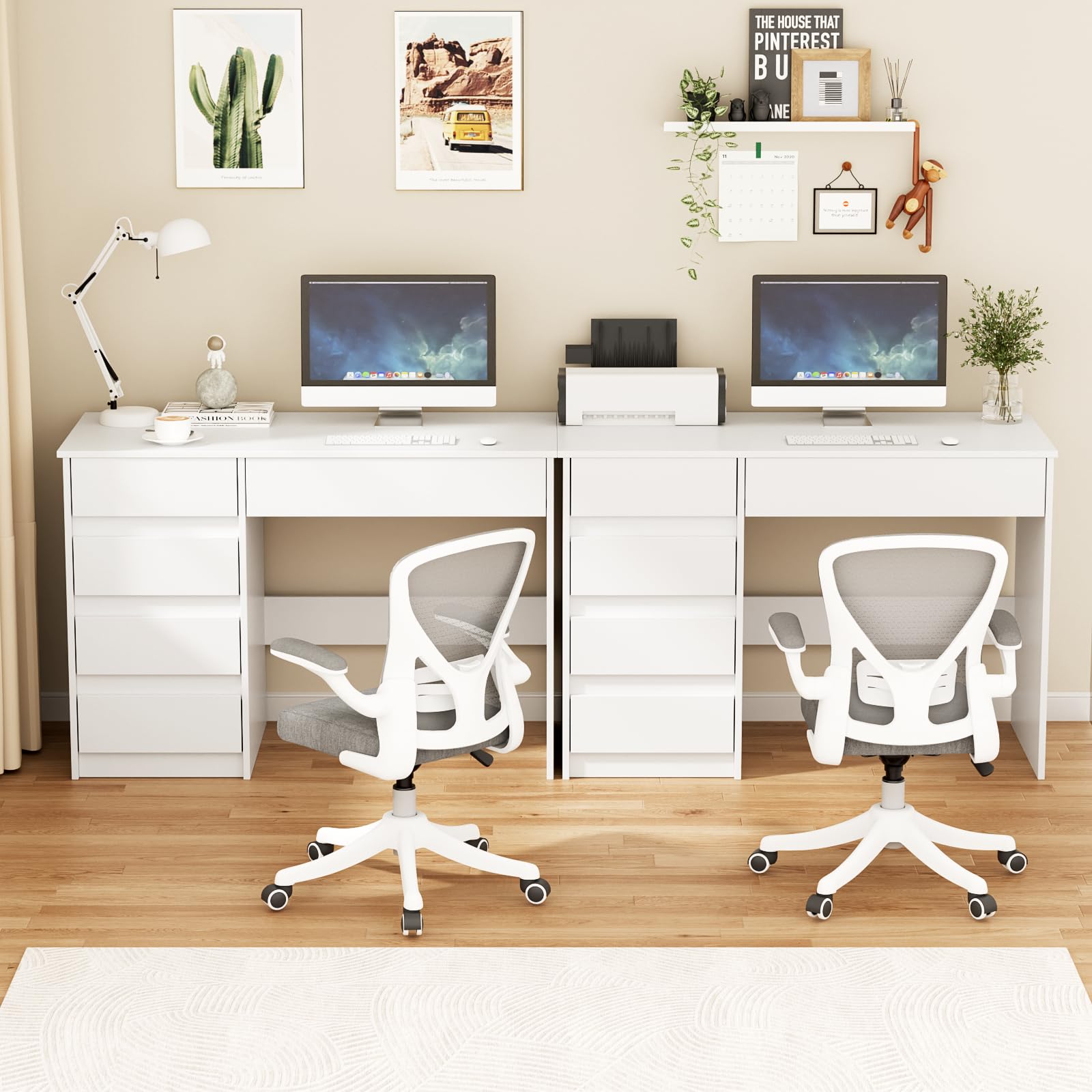 VOWNER Scrivania per Computer, Scrivania Salvaspazio con 5 Cassetti da Ufficio Salvaspazio Cameretta, per Ufficio/Camera da Letto, 110x50x75cm (Bianco)