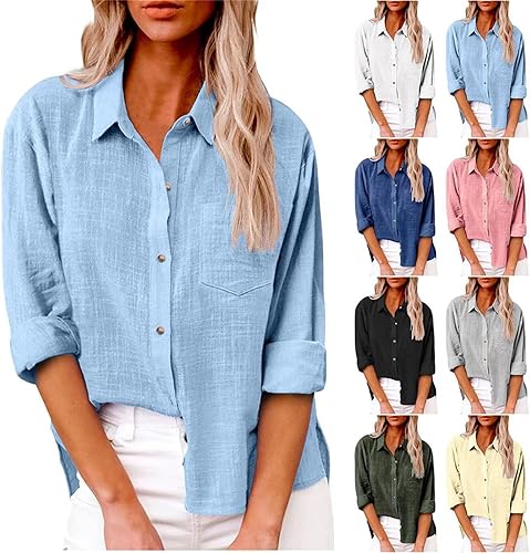 Miniatura 5 de Andongnywell - Camisas de manga larga con cuello en V para mujer, con botones, de gasa, blusa tipo túnica para mujer