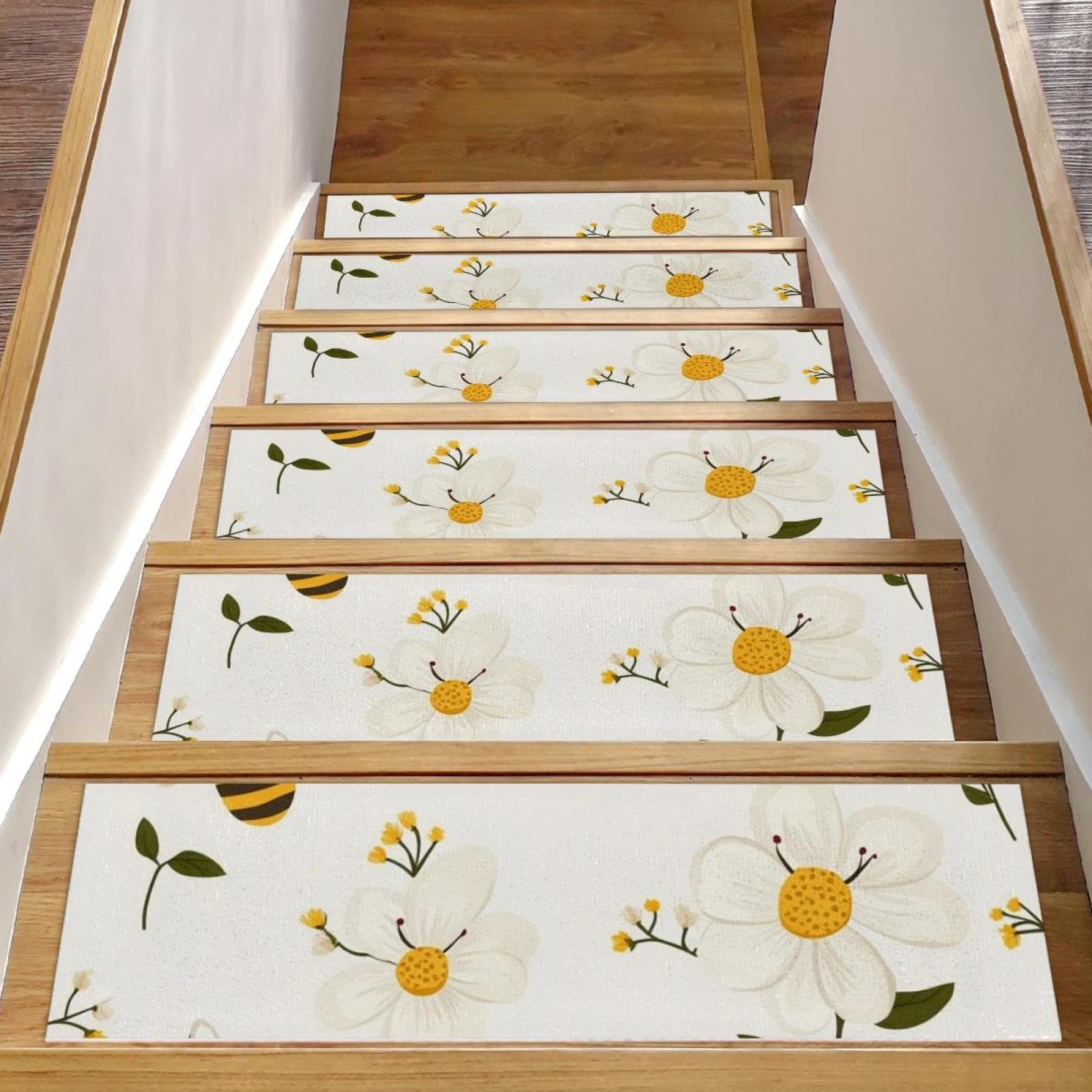 Tapis d'escalier lavable marches bois 15 antiderapants 20,3x76,2cm motif floral abeille