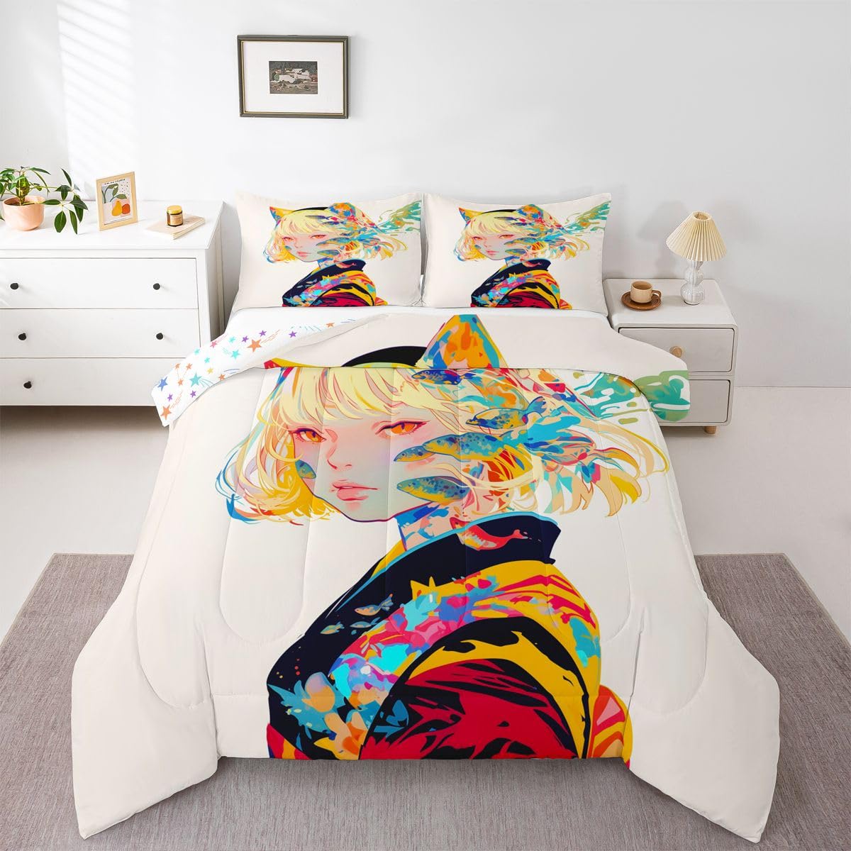 Erosebridal Anime Gifts Bedding Set 3Pcs Kawaii Japanese Girl Comforter Set for Girls Boys Cute Bedding, Anime Girl with Fish Decor Duvet Sets Cartoon Down Comforter Queen Size