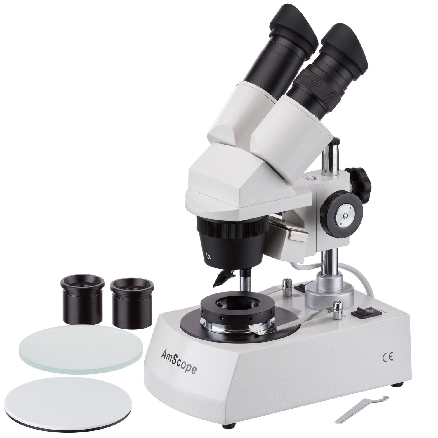 AmScopeSE305-PZ-DK Binocular Stereo Microscope, WF10x and WF20x Eyepieces, 10X/20X/30X/60X Magnification, 1X and 3X Objectives, Upper and Lower Halogen Lighting, Reversible Black/White Stage Plate, Arm Stand, 120V, Includes Darkfield Condenser