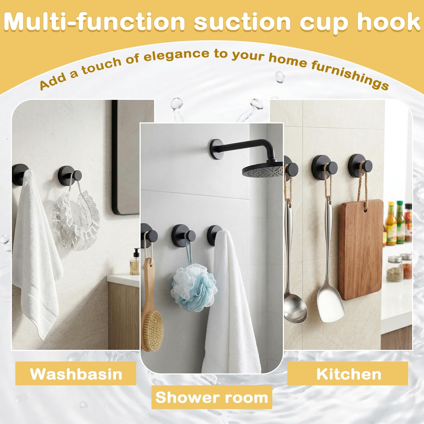 6 ganchos con ventosa, ganchos con ventosa, color negro, ventosa con toallero extrafuertes, reutilizables y extraíbles, ganchos para toallas de baño y cocina