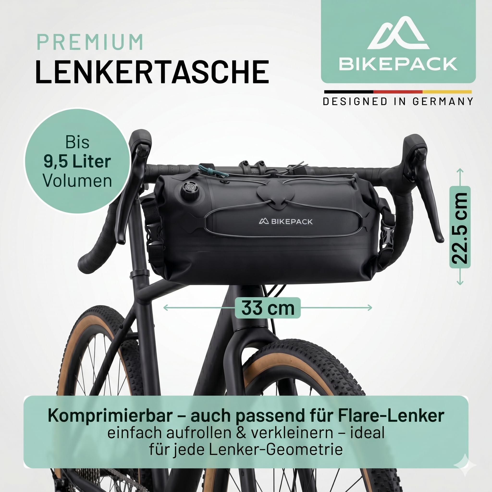 BIKEPACK Lenkertasche Fahrrad 9,5 L wasserdicht – Bikepacking-Rolle mit Innentrennung & Handyfach – Gravel, Rennrad, MTB, E-Bike