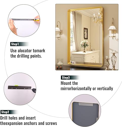 Miniatura 6 de Espejo de baño dorado de 30 x 22 pulgadas para pared, marco de aleación de aluminio, espejo rectangular montado en la pared para decoración de