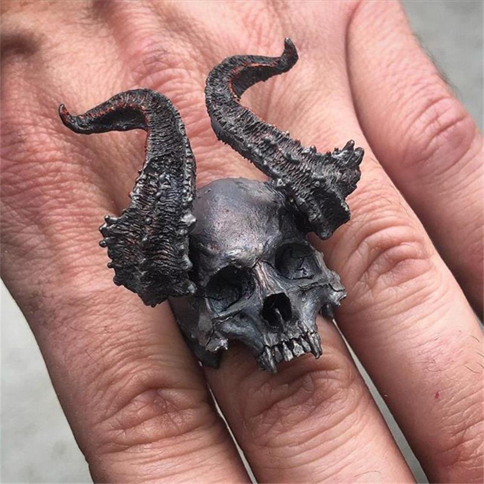 SALAN SALAN Detalle Anillo De Calavera De Acero Inoxidable 316l Negro con Cuernos Satanás Diablo Punk Anillos De Motorista para Hombres Joyería Masculina