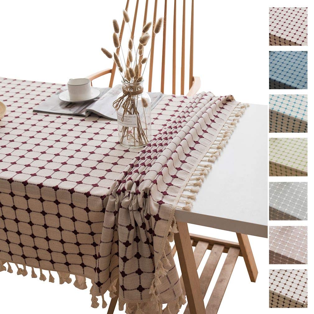 Nappe de table rectangulaire en coton lin rouge 140x240cm à franges