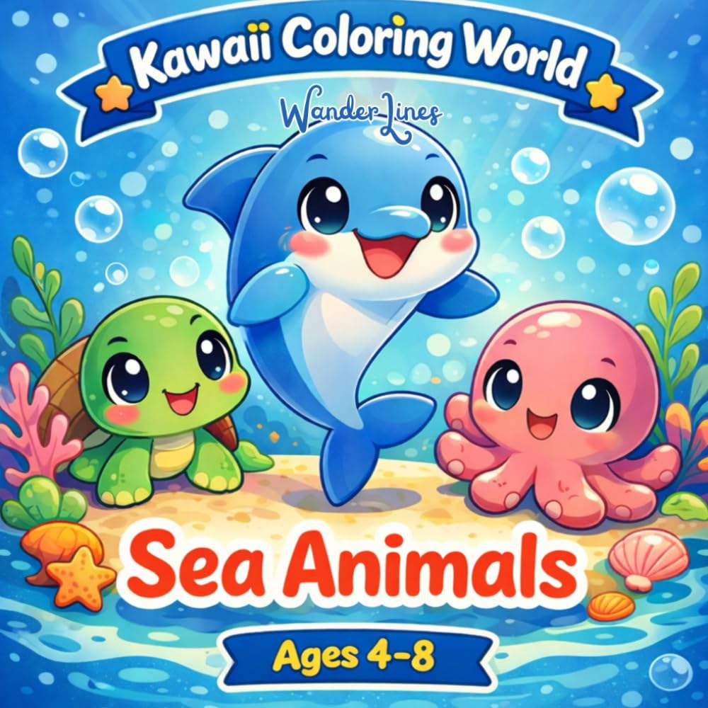 Kawaii Coloring World: Kawaii Sea Animals Coloring Book for Kids Ages 4–8: Cute Ocean Creatures, Easy Coloring Pages, Fun Marine Animals for Children