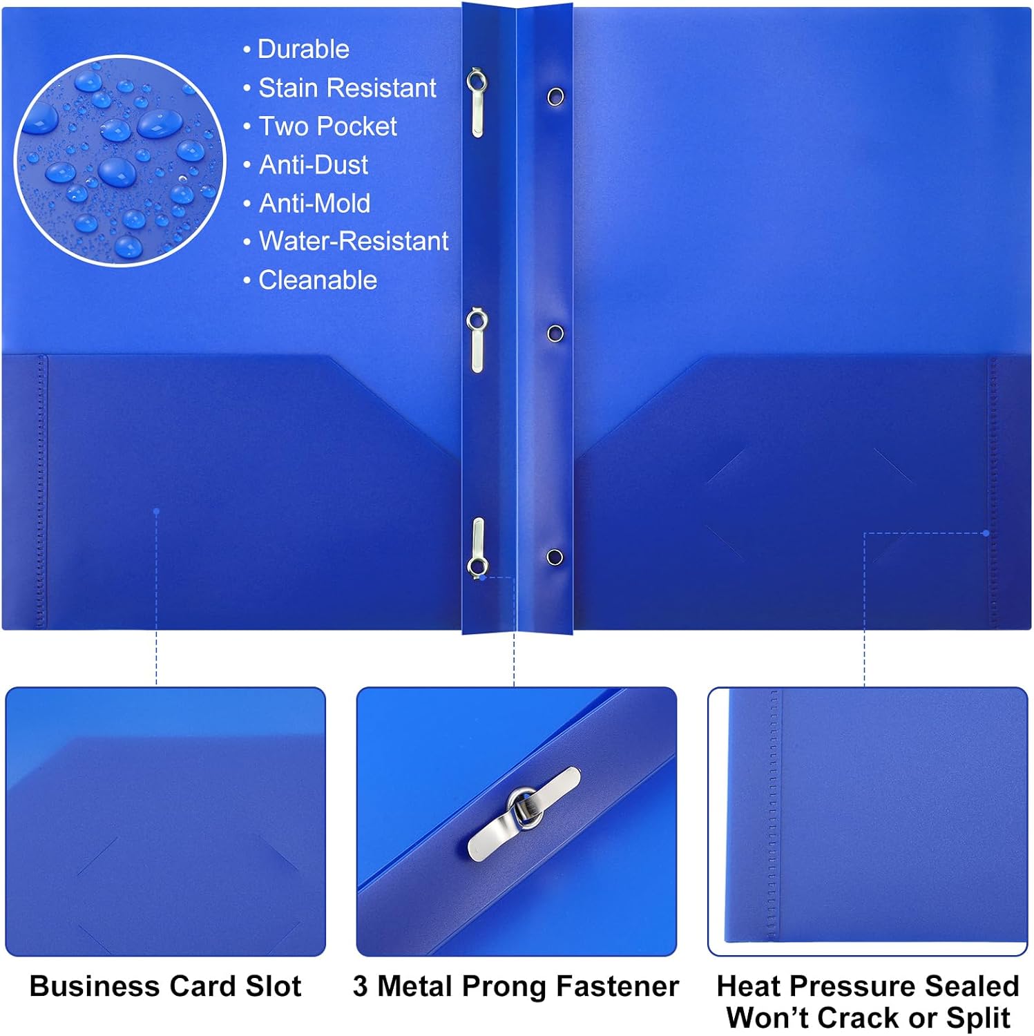 Cholemy 104 Packs Pocket Folders with Prongs Heavy Duty Plastic Folder with Business Card Slot 3 Prong Fasteners for School Office (Bright)
