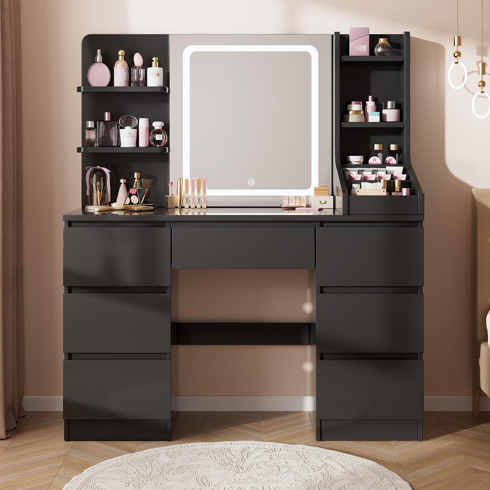 Airfish Dressing Table with LED Mirror,3 Color Adjustable Brightness,Vanity Desk with Light,Makeup Table with Open Shelves and 7 Large Drawers for Modern Bedroom (Black)