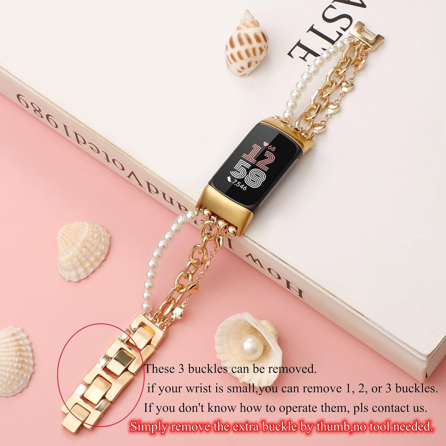 Pearl Beaded Bands Compatible with Fitbit Charge 6/Charge 5 Band Women, Dressy Wristband Stylish Gold Love Shape Link Chain Cute Strap Jewelry Bracelet for Fitness Tracker