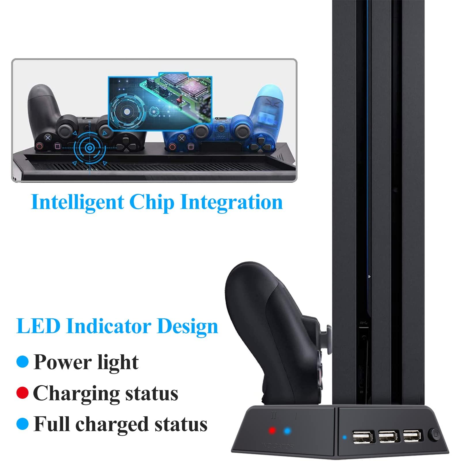 Kinwin vertikaler Stood kompatibel mit PS4 Pro mit Cooling -Lüfter, Controller -Ladestation, kompatibel mit Playstation 4 Pro, Ladegerät für DualShock 4 -Controller mit LED -Ladeindikator