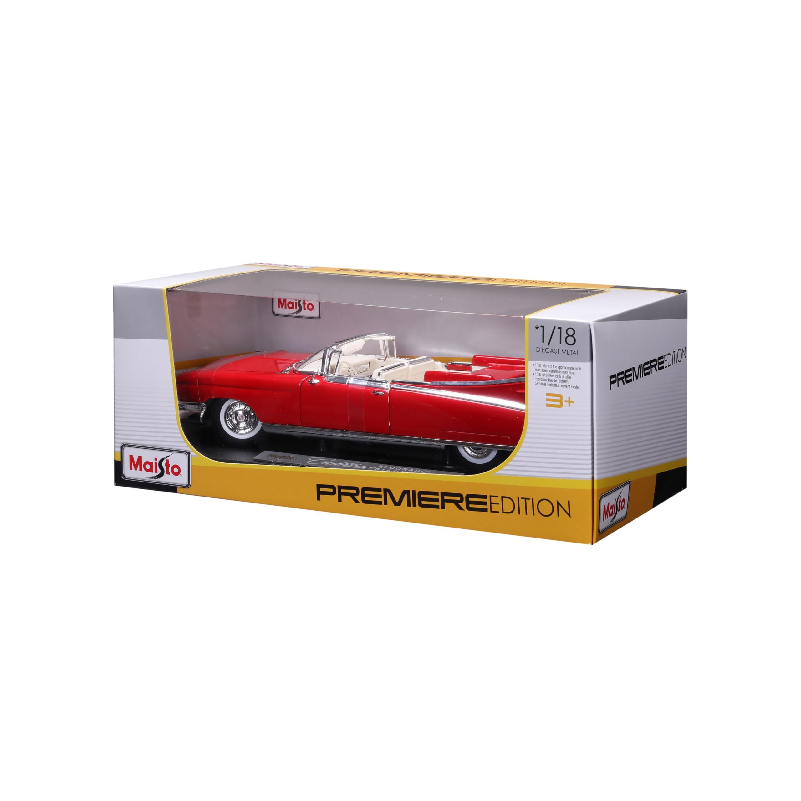 MAISTO Cadillac Eldorado Biarritz Cabrio`59, Rojo y Blanco, Premier Edition – Modelo de Coche 1:18, Fiel Coche de coleccionista con Puertas móviles y Campana, a Partir de 3 años (536813R)
