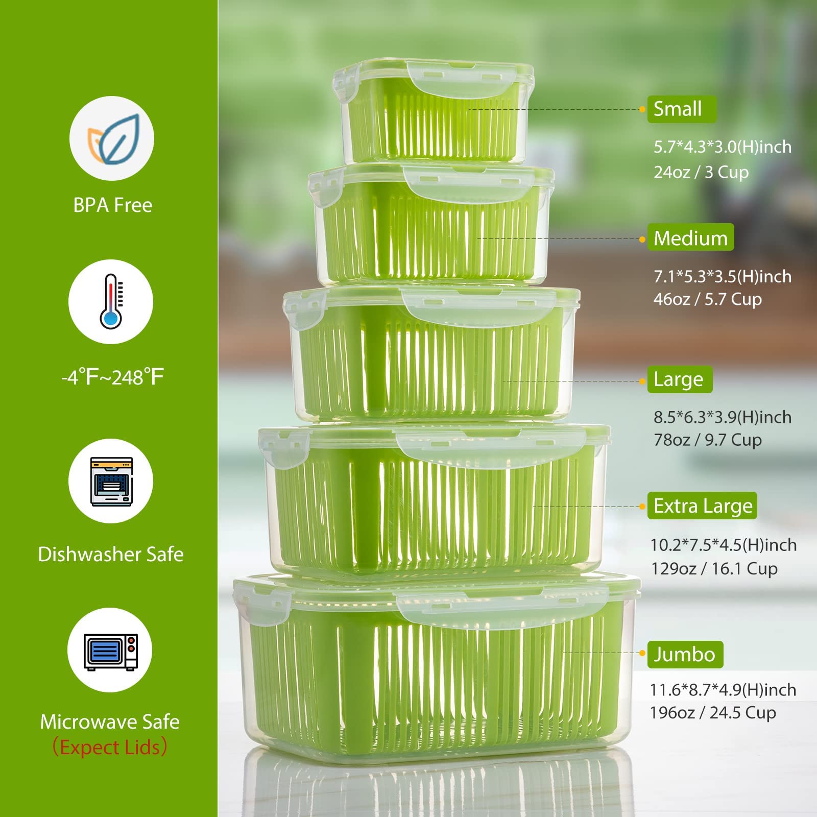 Luxear Set di 5 Contenitori Frigorifero con Scolapasta e Coperchio, Verde | Contenitore Plastica Senza BPA per Alimenti Freschi Insalata Verdura Frutta Formaggio, Adatto al Microonde e Lavastoviglie