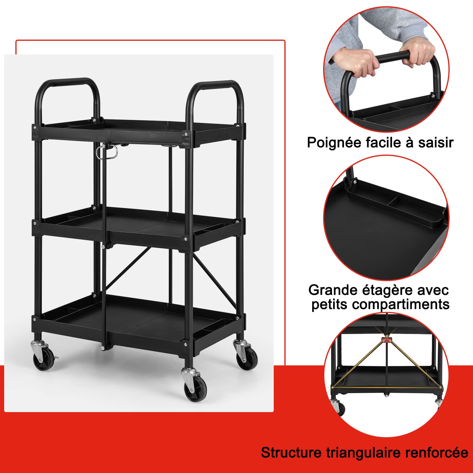 COSTWAY Chariot Servante d'Atelier à 3 Niveaux Pliant avec Roues Universelles, Chariot à Outils 4 Rainures et Mains Courantes Charge 45KG, 61 x 44 x 96 cm Noir