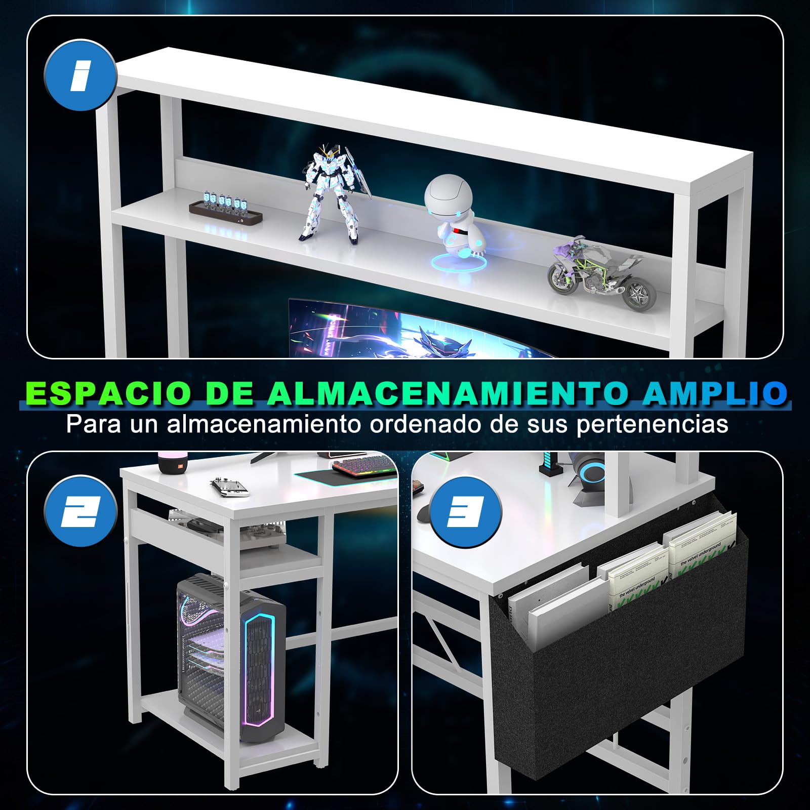 Devoko Escritorio de Juego con LED, Escritorio de Esquina Escritorio de Juego con 2 enchufes y 2 Puertos USB, Escritorio de Ordenador con Almacenamiento, Marco de Acero, 160 x 120 cm, Blanco