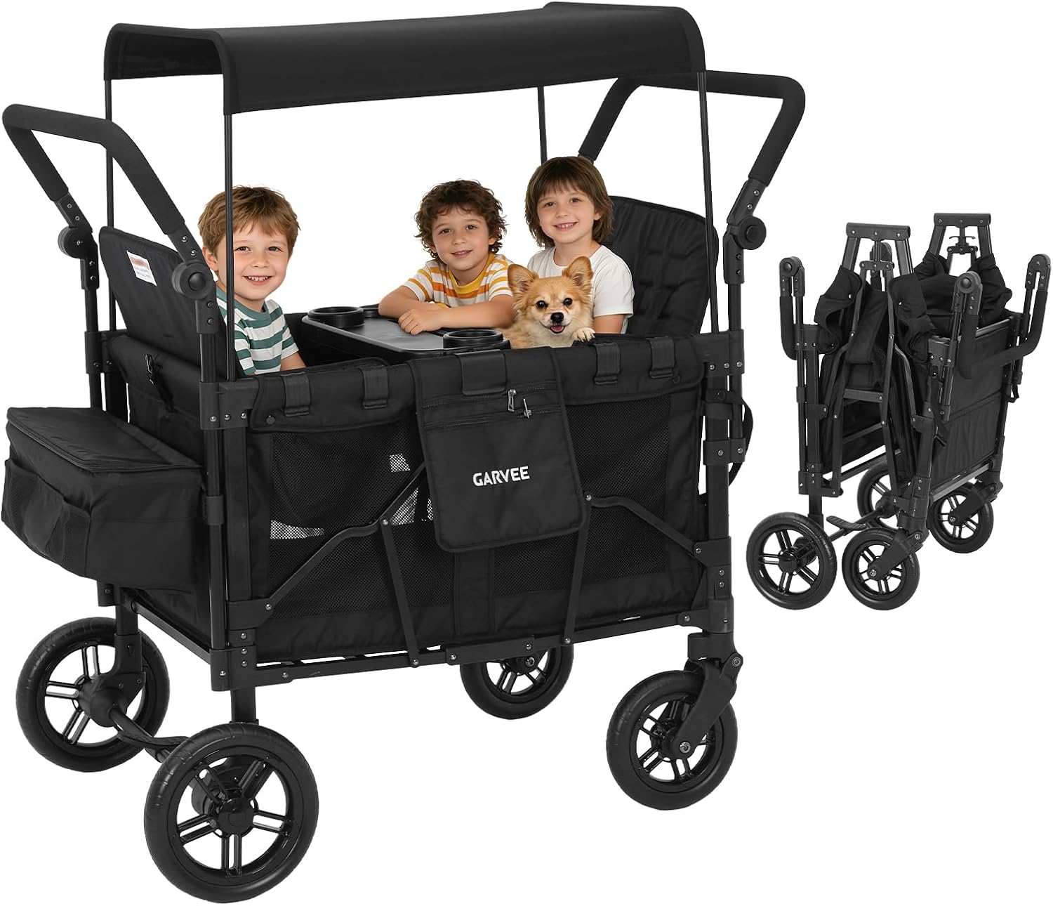 Garvee 4 Seater Stroller Wagon, Premium Quad Stroller Wagon for 4 Kids, Adjustable Push/Pull Handles, All-Terrain Casters, Removable Canopy & Flat Fold, Black