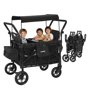 Garvee 4 Seater Stroller Wagon, Premium Quad Stroller Wagon for 4 Kids, Adjustable Push/Pull Handles, All-Terrain Casters, Removable Canopy & Flat Fold, Black