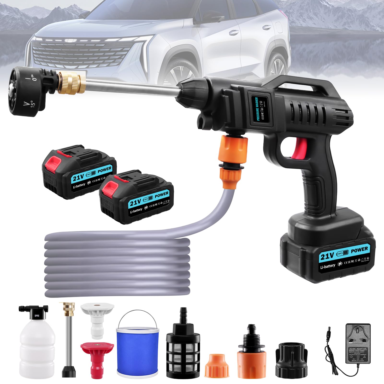 Cordless Pressure Washer 21V, 6-in-1 Portable Pressure Washer Cordless, Battery Powered Pressure Washer with 2 Batteries, 5M Hose, Portable Jet Washer, Power Washer for Car Bike Patio Garden Floor