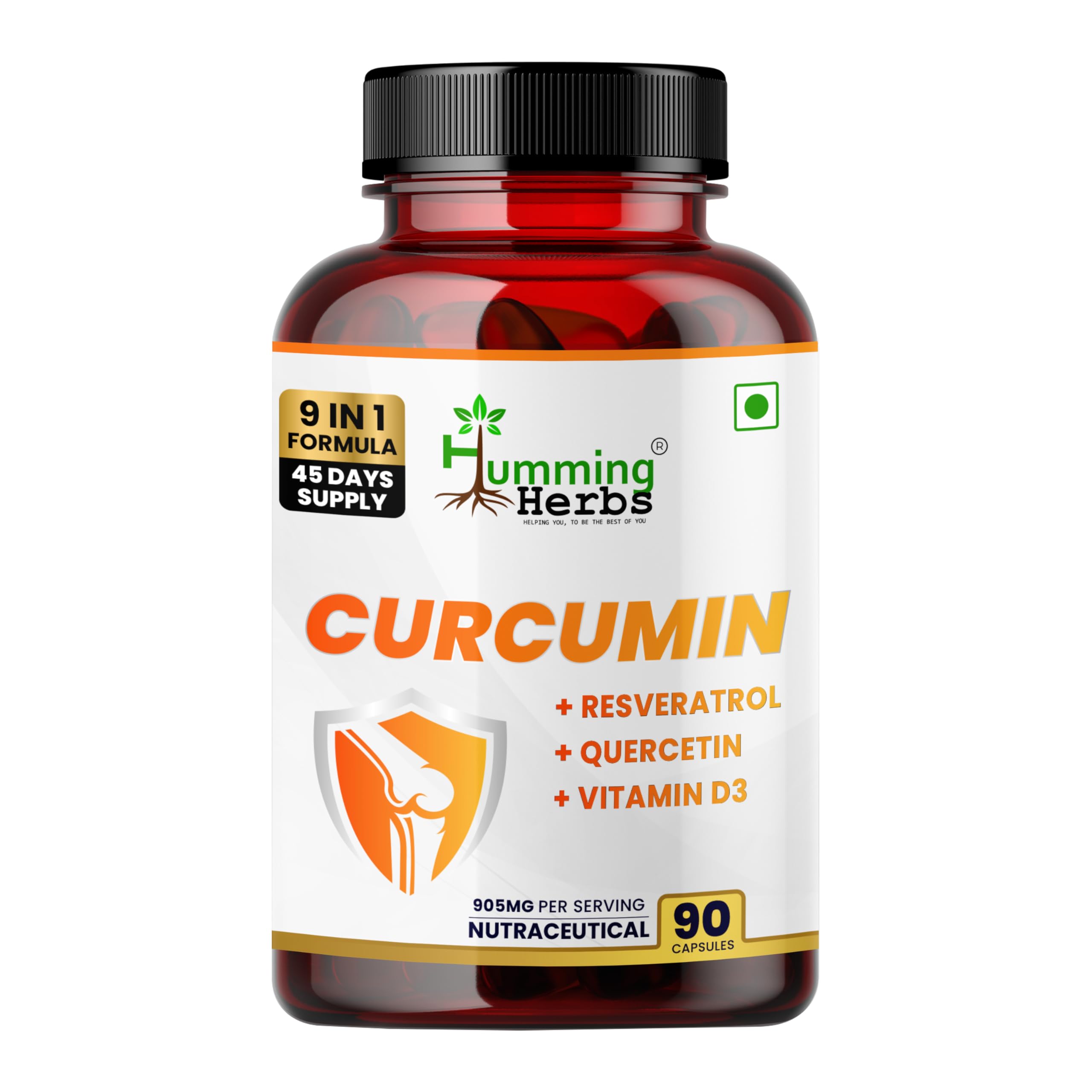 Humming Herbs Curcumin 905mg with Resveratrol, Quercetin, Vitamin D3, Zinc, ALA & Piperine | 9-in-1 Joint & Inflammation Support | 90 Veg Capsules | 45 Days Supply | Anti-Inflammatory Supplement-image-5