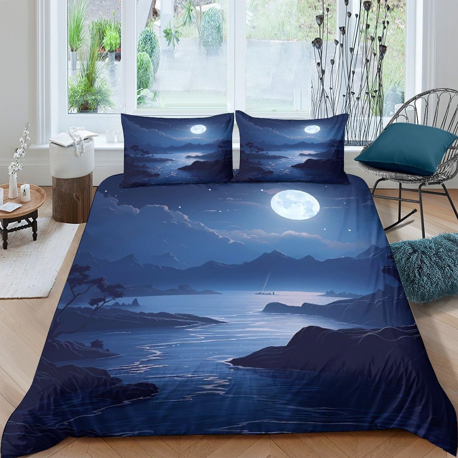 Ctjqhvkz Style-4 3D Printed Moonlight Ocean Fitted Sheet Microfiber Blue Night Landscape Bed Cover For Bedroom Guestroom Mattress Protection Single（135X200cm）