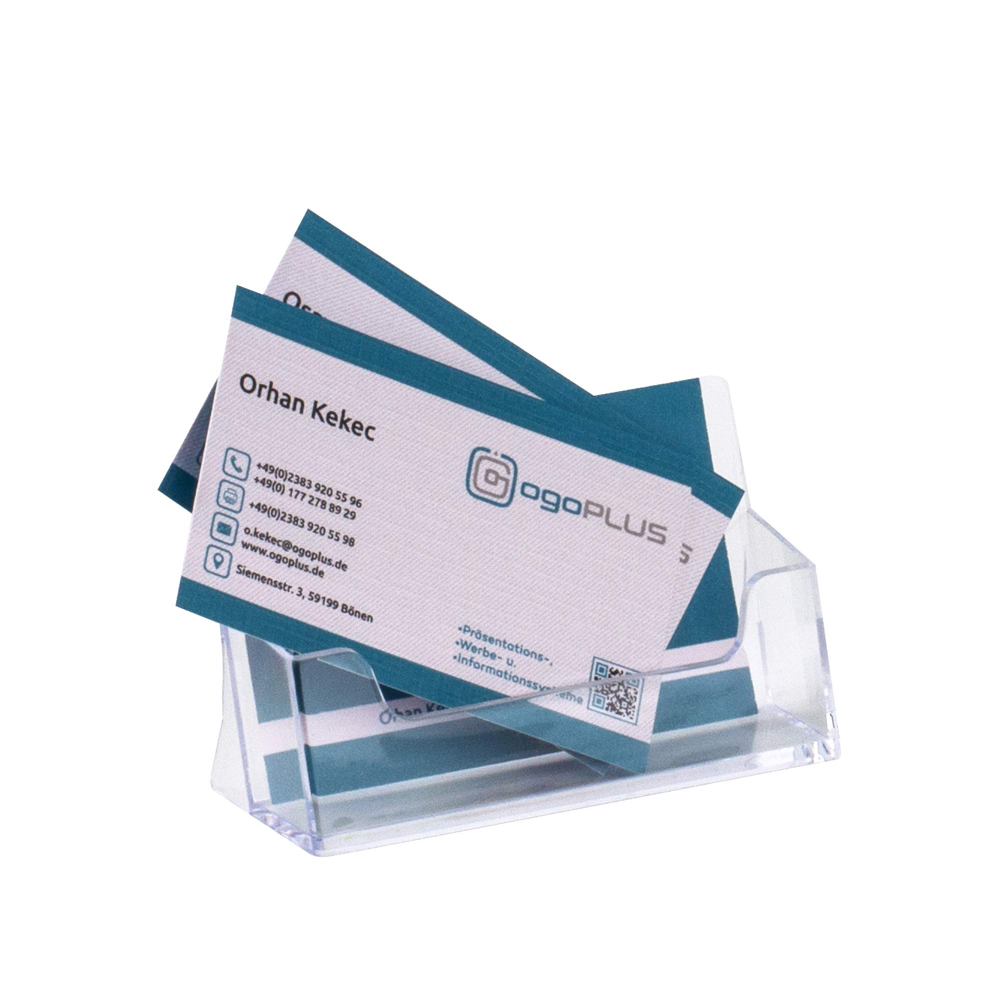 Visitenkartenständer Querformat transparent aus Polystyrol – stabiler Visitenkartenhalter für Theke, Büro, Empfang und Kassenbereich – ideal zur Präsentation von Visitenkarten